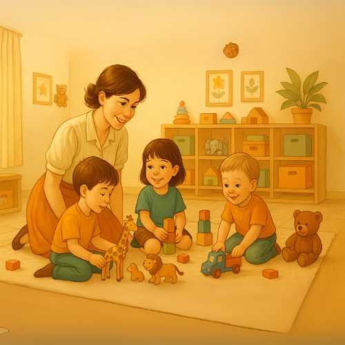 Lehrer hilft Kindern bei Lernaufgaben.